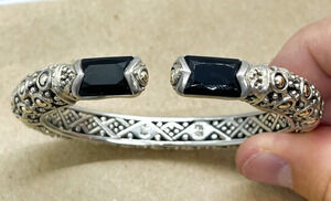 John Hardy Silver & 18K Gold Onyx Jaisalmer Wheat Dot Bangle Bracelet 6.5"